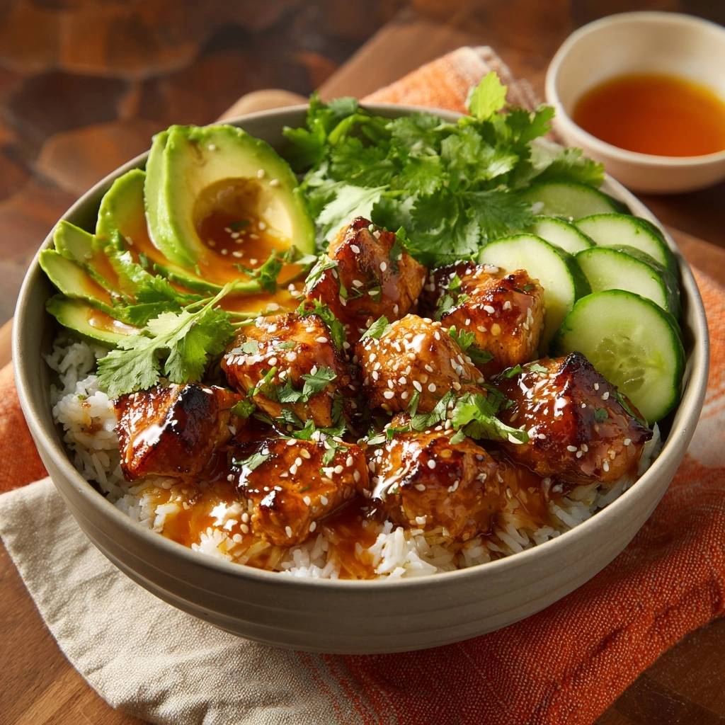 Sticky Gochujang Huhn Bowl Serviert 1 Sticky Gochujang-Hähnchen-Bowl, serviert in einer Schüssel, mit Avocado, Gurke und frischem Koriander für ein köstliches Mittagessen.