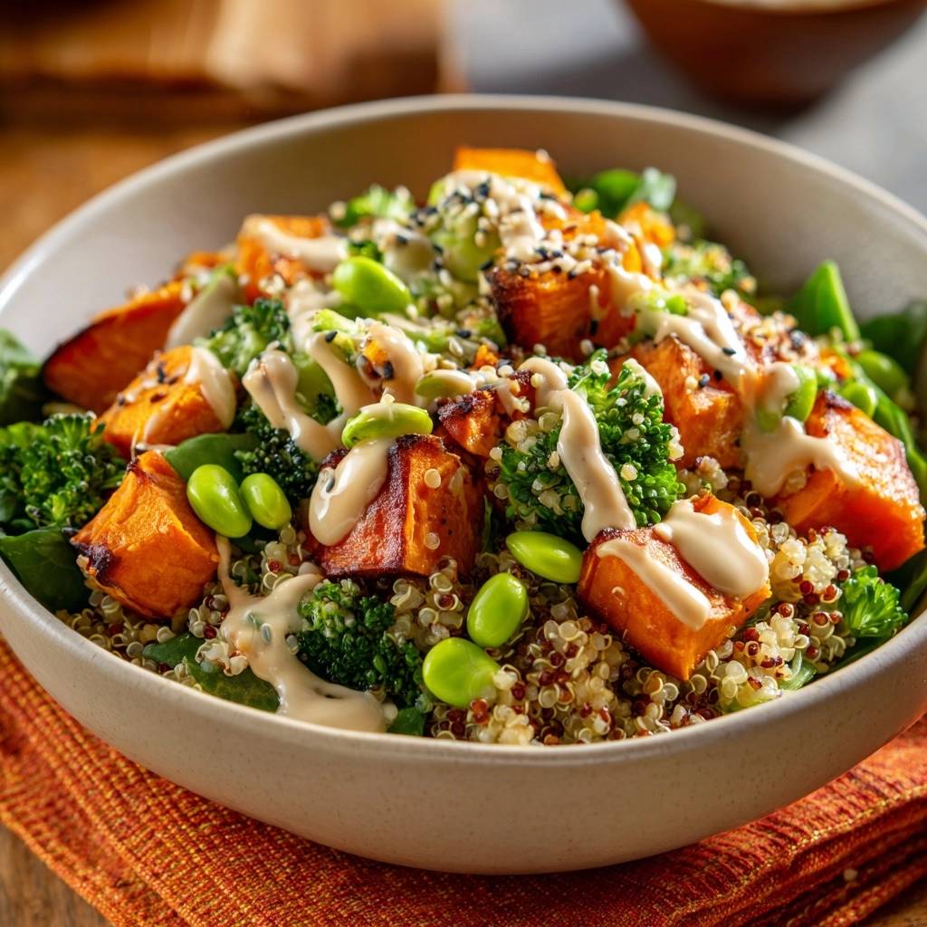 Süßkartoffel-Brokkoli-Power-Bowl serviert in einer Schüssel, mit Quinoa, Brokkoli, Edamame und einem cremigen Dressing garniert.