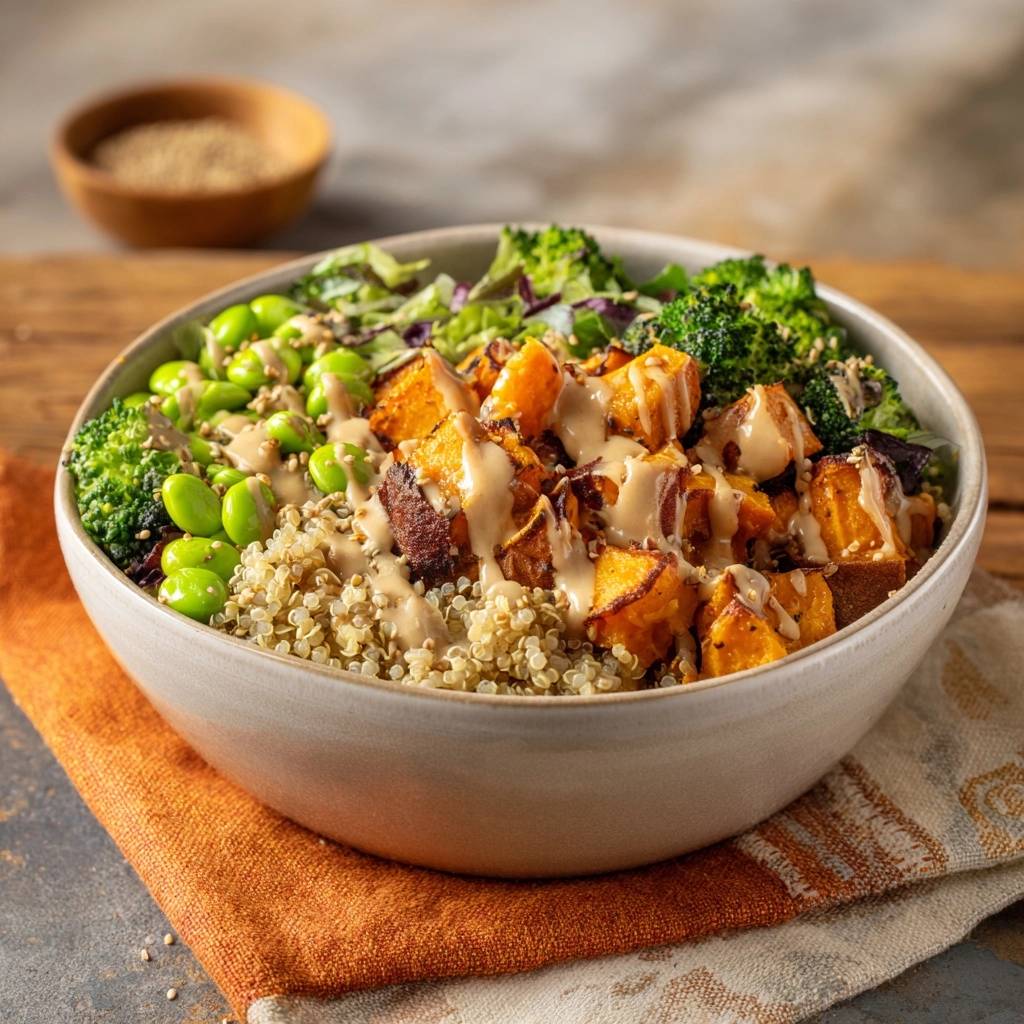 Süßkartoffel-Brokkoli-Power-Bowl mit Quinoa und Edamame, nahaufnahme mit cremigem Tahini-Dressing beträufelt.