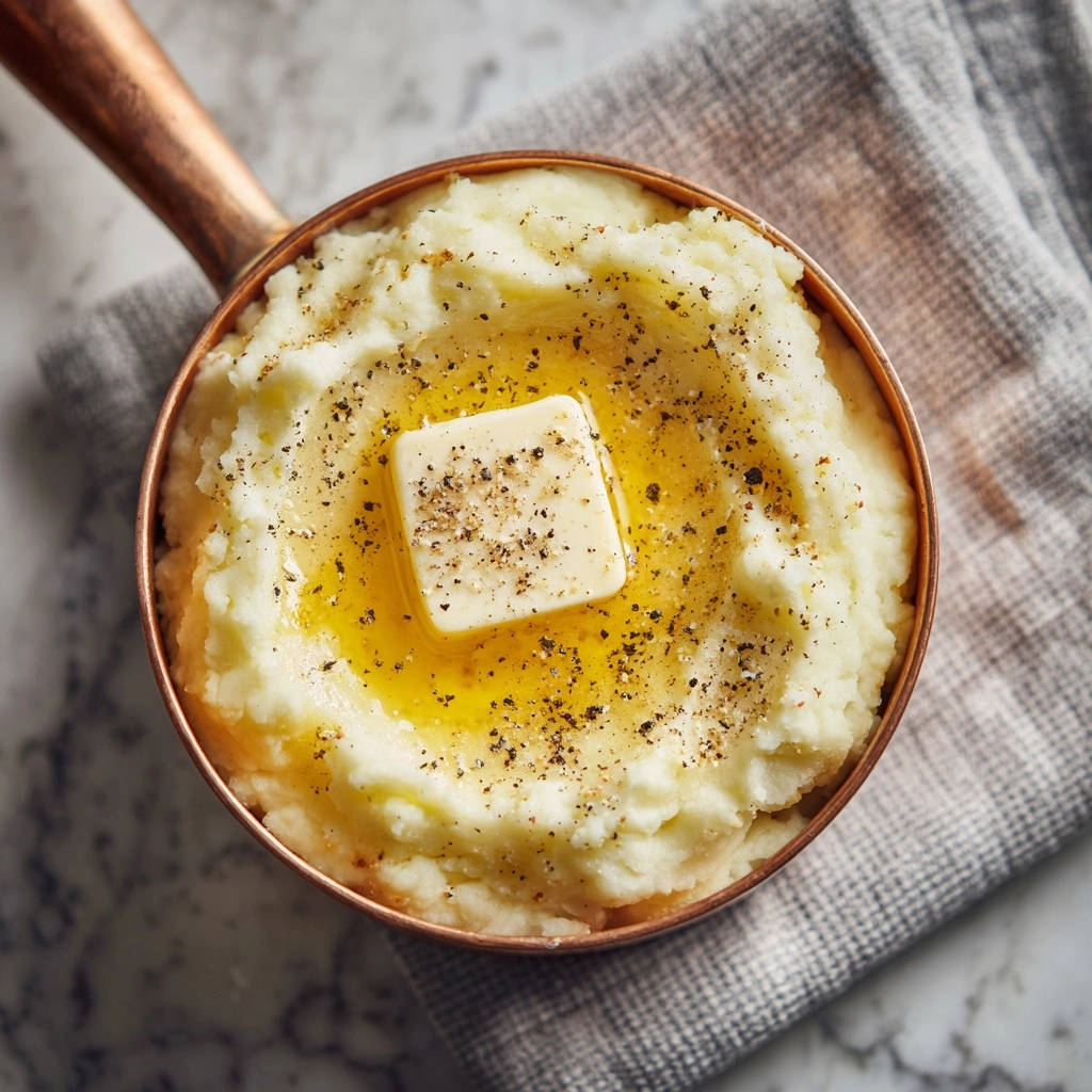 Super Cremiger Kartoffelbrei Draufsicht Mit Butter 1 Super-cremiger Kartoffelbrei, serviert in einer kupferfarbenen Schüssel, zeigt eine Draufsicht mit geschmolzener Butter und frisch gemahlenem Pfeffer.