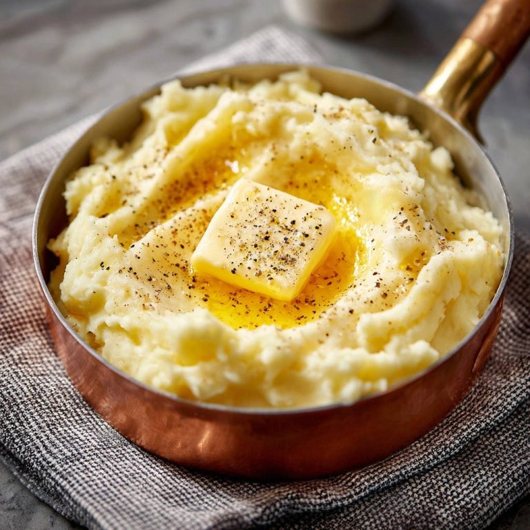 Super-cremiger Kartoffelbrei mit geschmolzener Butter und frisch gemahlenem Pfeffer, serviert in einer Kupferpfanne von oben.