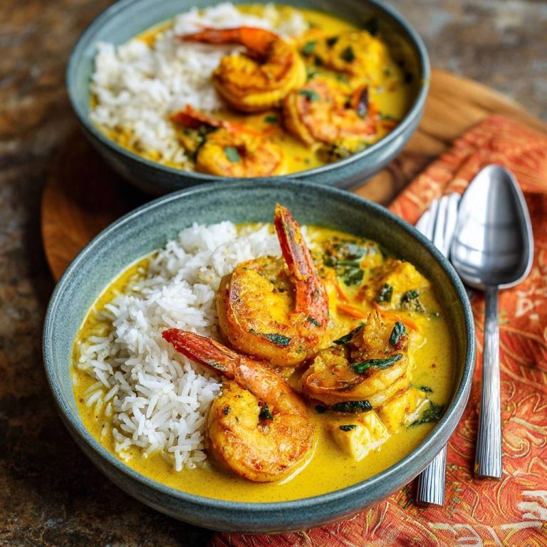 Thailändisches Gelbes Garnelen-Curry mit Reis, serviert in zwei Schalen, garniert mit großen gebratenen Garnelen und frischem Grün.