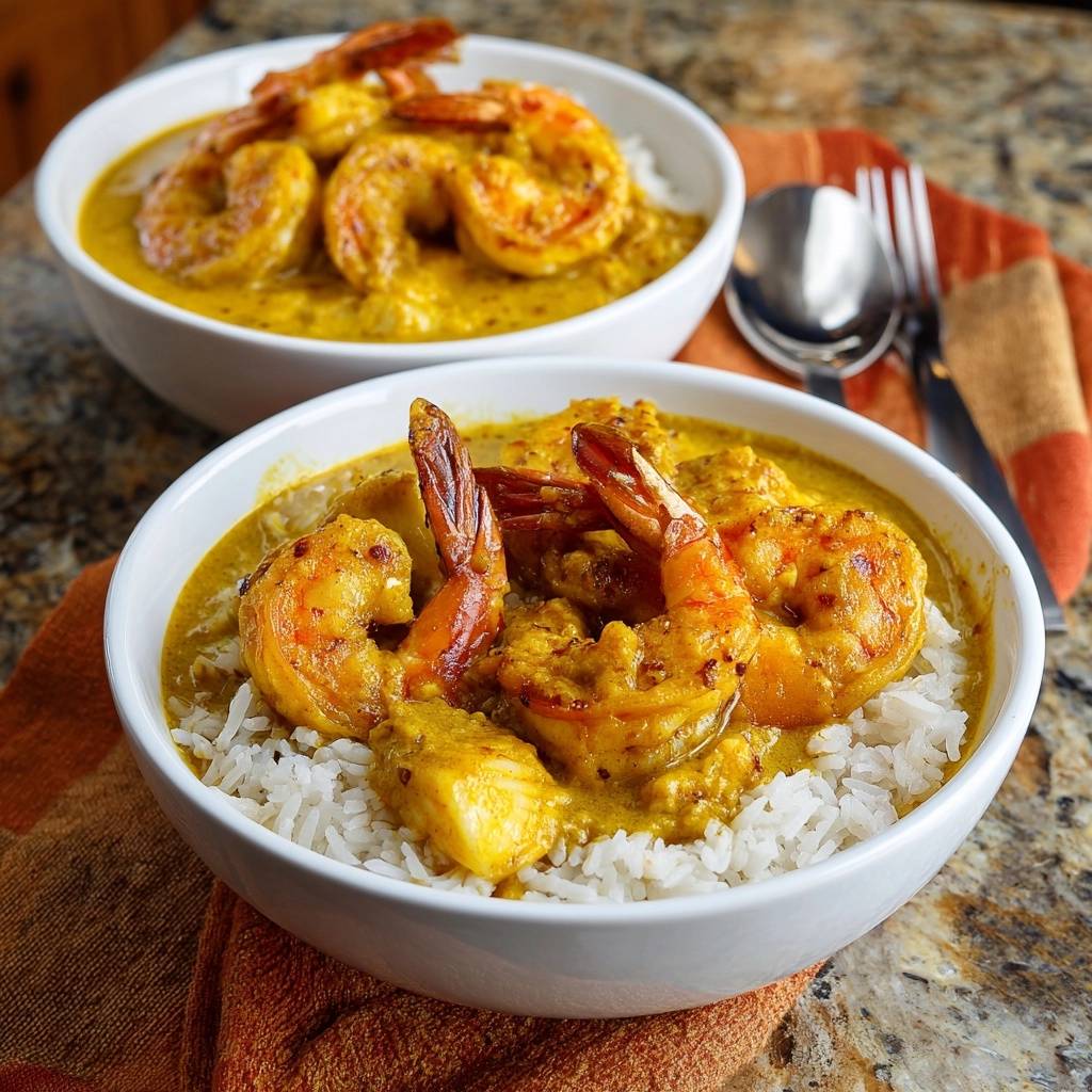 Thailndisches Gelbes Garnelen Curry Mit Reis Serviert 1 Thailändisches gelbes Garnelen-Curry mit Reis wird in zwei weißen Schalen serviert, die mit duftendem Reis gefüllt sind.