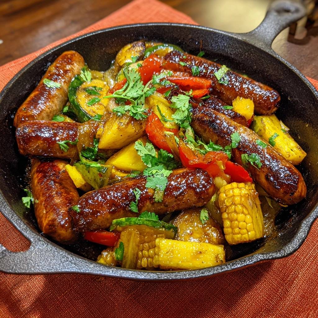 Tropische Bratwurst Pfanne Ananas Paprika Draufsicht 1 Tropische Bratwurst-Pfanne mit Ananas & Paprika, aus der Draufsicht fotografiert, mit frischen Kräutern garniert und in einer Pfanne serviert.