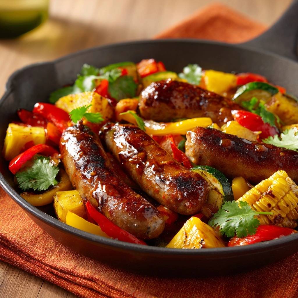 Tropische Bratwurst-Pfanne mit Ananas & Paprika in einer Eisenpfanne, serviert mit buntem Gemüse und frischen Kräutern, von oben betrachtet.