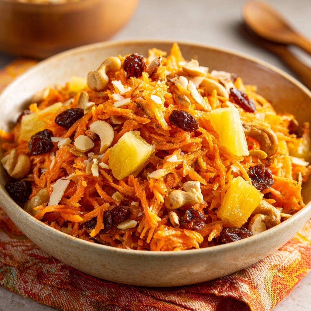 Tropischer Karottensalat mit Ananas & Cashews in einer Schüssel, serviert mit Rosinen, Nüssen und Ananasstücken von oben betrachtet.