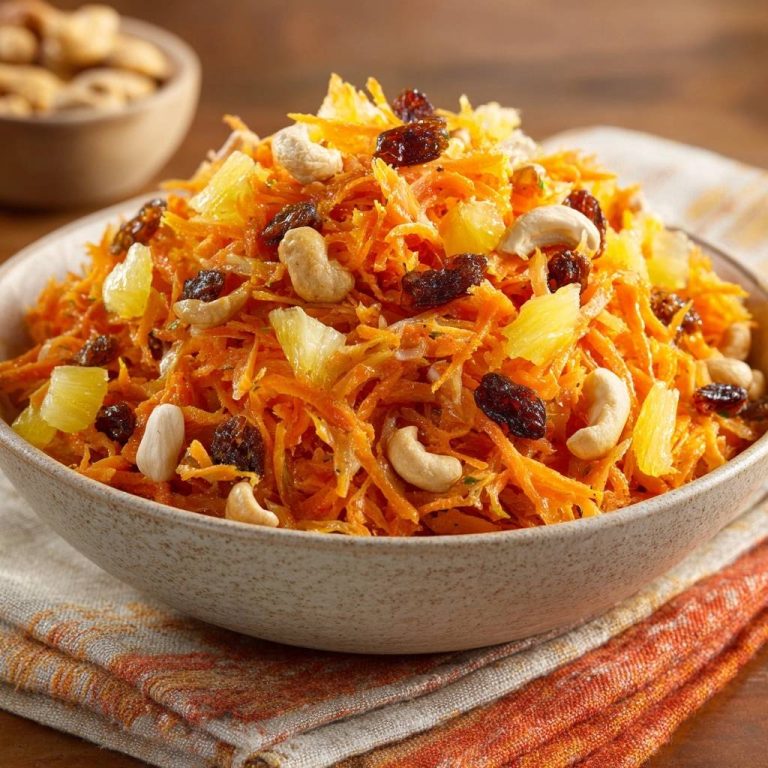 Tropischer Karottensalat mit Ananas und Cashews in einer Schüssel, serviert in einer Nahaufnahme von oben mit Cashewnüssen und Rosinen.