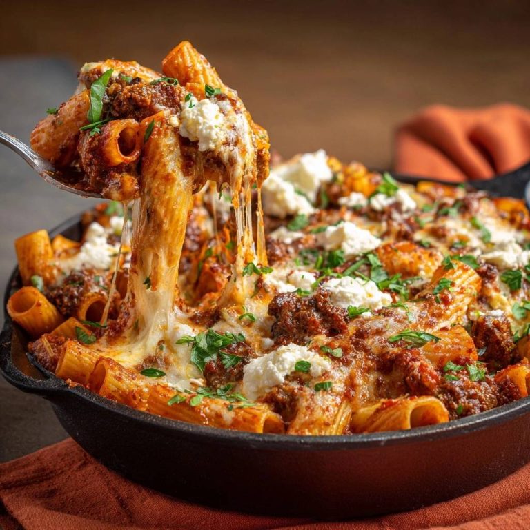 Überbackene Rigatoni mit Hackfleischsauce, mit geschmolzenem Käse, der sich beim Abheben vom Löffel zieht, und frischen Kräutern garniert.