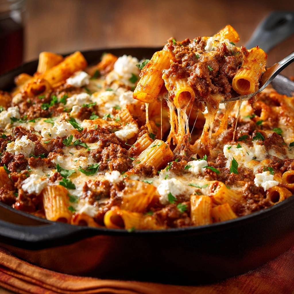 Ueberbackene Rigatoni Mit Hackfleischsauce Nahaufnahme Kaese 1 Überbackene Rigatoni mit Hackfleischsauce in Nahaufnahme, wobei sich der geschmolzene Käse von der Gabel zieht und die Textur zeigt.