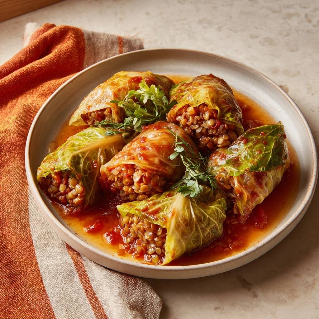 Vegetarische Linsen Kohlrouladen Serviert 1 Vegetarische Linsen-Kohlrouladen serviert auf einem cremefarbenen Teller, garniert mit frischen Kräutern und serviert in Tomatensoße.