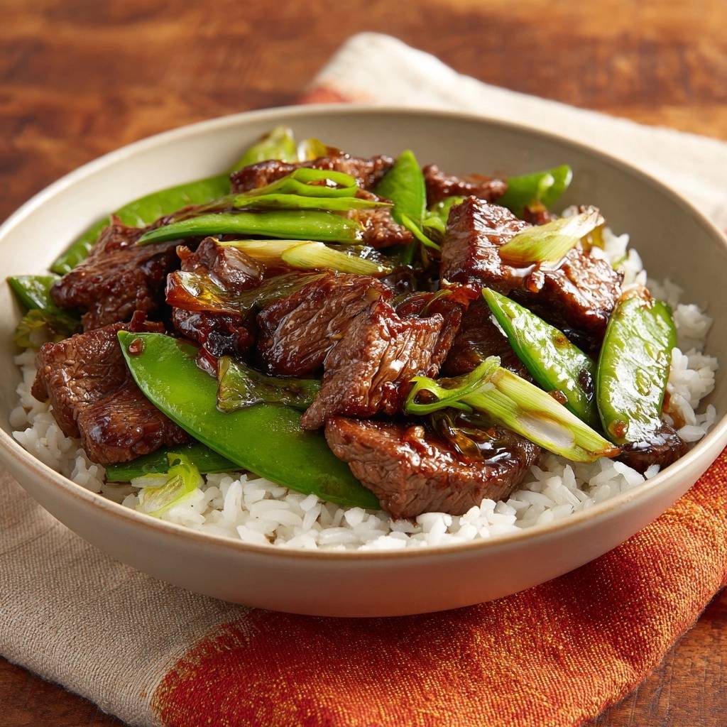 Wok-Rindfleisch mit Zuckererbsen in einer Schüssel serviert, mit Fokus auf die saftigen Rindfleischstücke und knackigen Zuckerschoten.