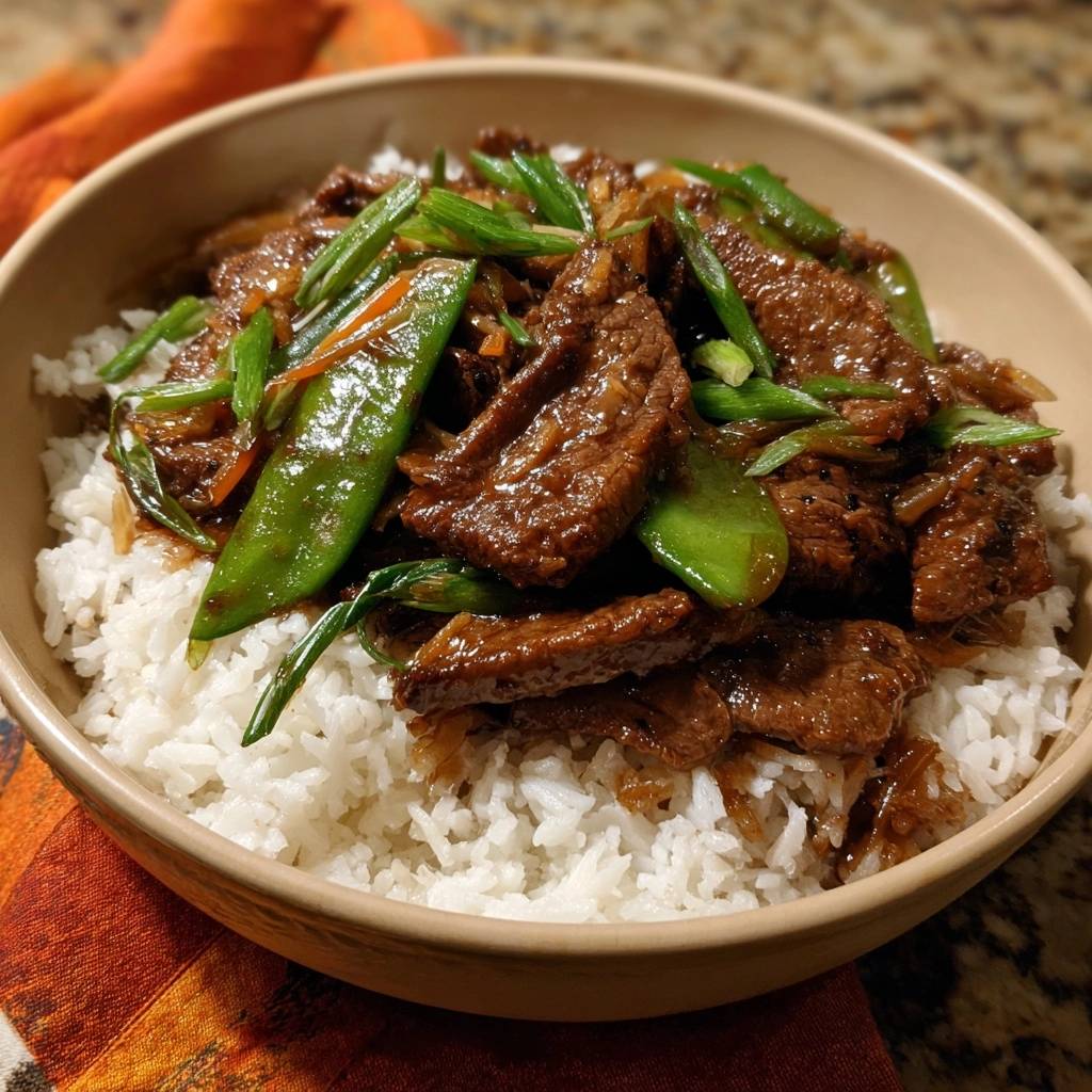 Wok-Rindfleisch mit Zuckererbsen, serviert in einer Schüssel auf Reis, garniert mit frischen Zuckerschoten und Frühlingszwiebeln.