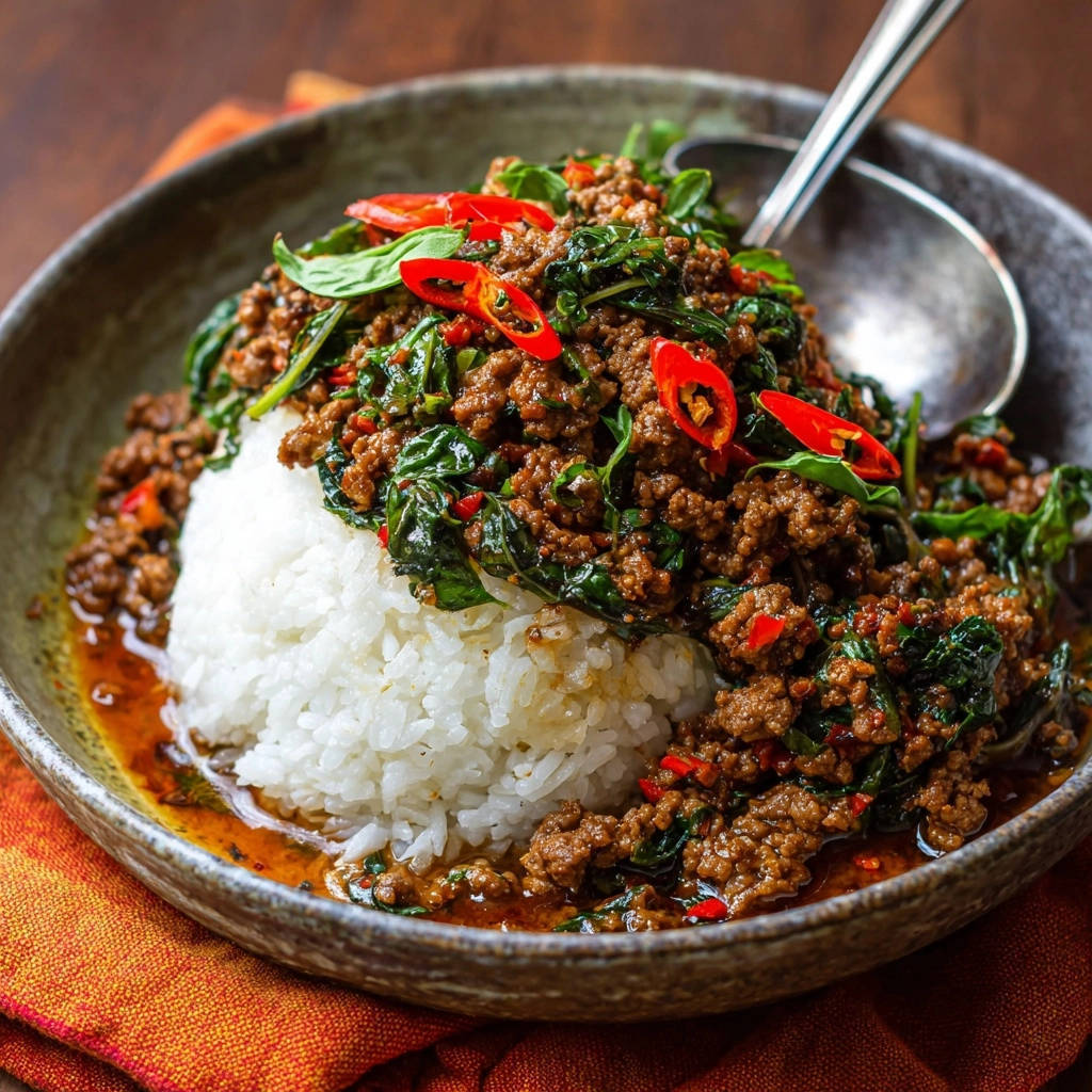 Würzige Basilikum-Hackfleisch-Pfanne serviert in einer Schüssel, verziert mit frischen Chilischoten und Thai-Basilikum. Das Gericht ist auf einem Bett aus duftendem Reis angerichtet.