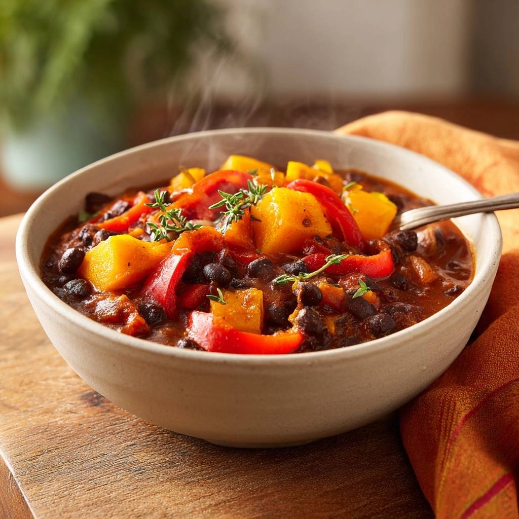 Wurziges Kurbis Paprika Bohnen Chili Serviert 1 Würziges Kürbis-Paprika-Bohnen-Chili in einer Schüssel serviert, garniert mit frischen Kräutern und dampfend heiß.