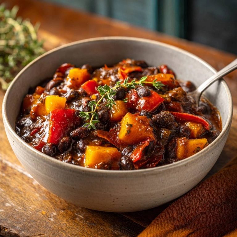 Würziges Kürbis-Paprika-Bohnen-Chili serviert in einer rustikalen Schüssel, garniert mit frischem Thymian und angerichtet auf einem Holzbrett.
