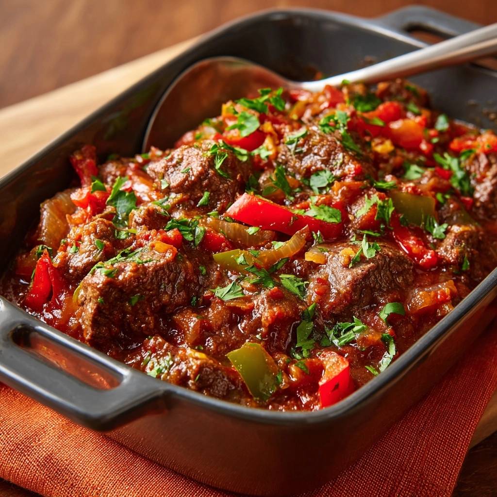 Würziges Rind-Paprika-Gulasch in einer dunklen Auflaufform serviert, garniert mit frischer Petersilie und Paprikastückchen.