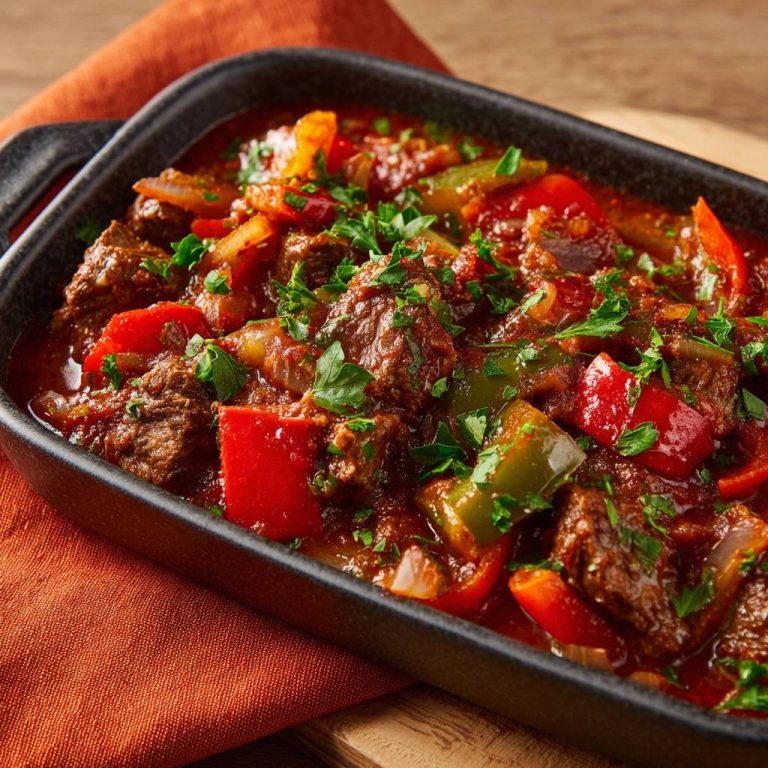 Würziges Rind-Paprika-Gulasch in einer schwarzen Auflaufform, garniert mit frischer Petersilie, in Nahaufnahme aufgenommen. Die zarten Fleischstücke sind von einer reichhaltigen Sauce umgeben.