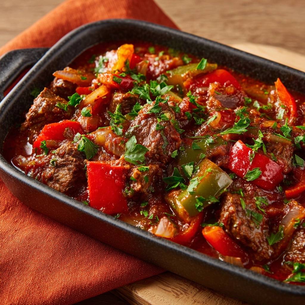 Würziges Rind-Paprika-Gulasch in einer schwarzen Auflaufform, garniert mit frischer Petersilie, in Nahaufnahme aufgenommen. Die zarten Fleischstücke sind von einer reichhaltigen Sauce umgeben.