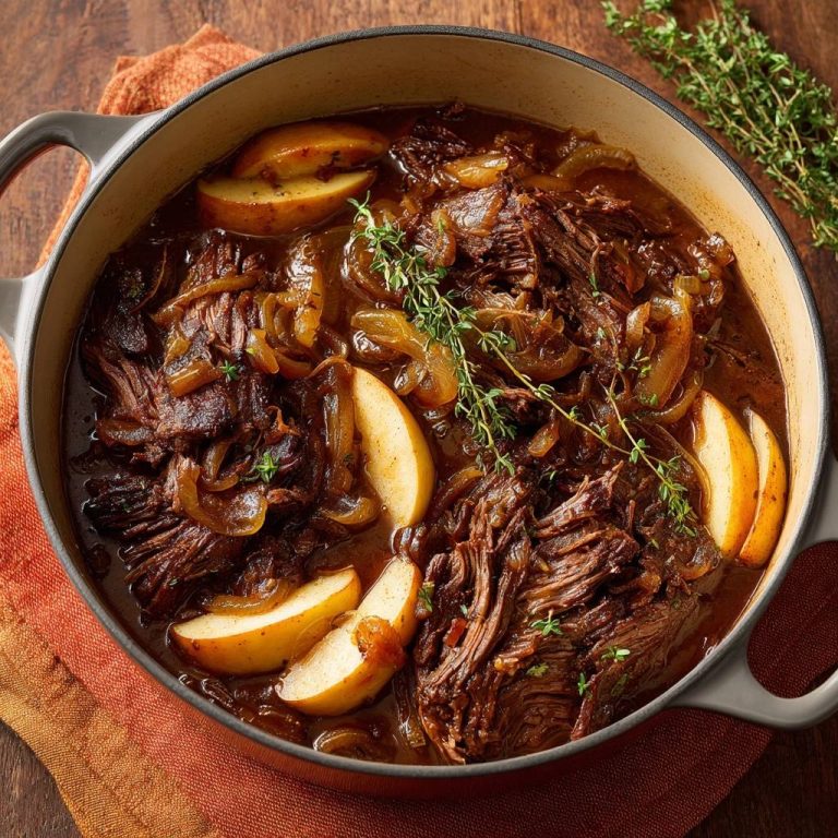 Zartes Apfel-Zwiebel-Rindfleisch in einer Gusseisenpfanne, serviert mit Apfelscheiben und frischem Thymian von oben betrachtet.