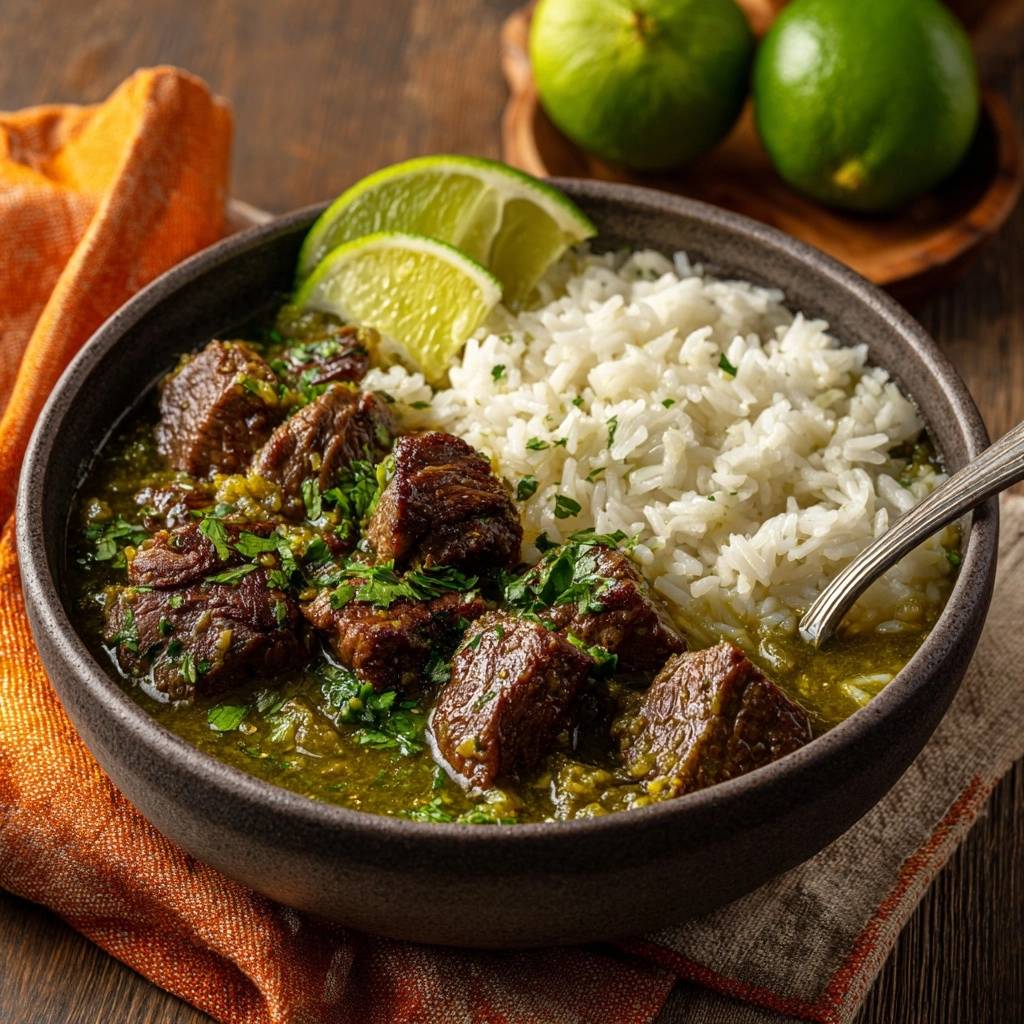 Zartes Rindfleisch in Grüner Chili-Soße mit Reis serviert in einer rustikalen Schüssel, garniert mit Limettenscheiben und frischer Petersilie.