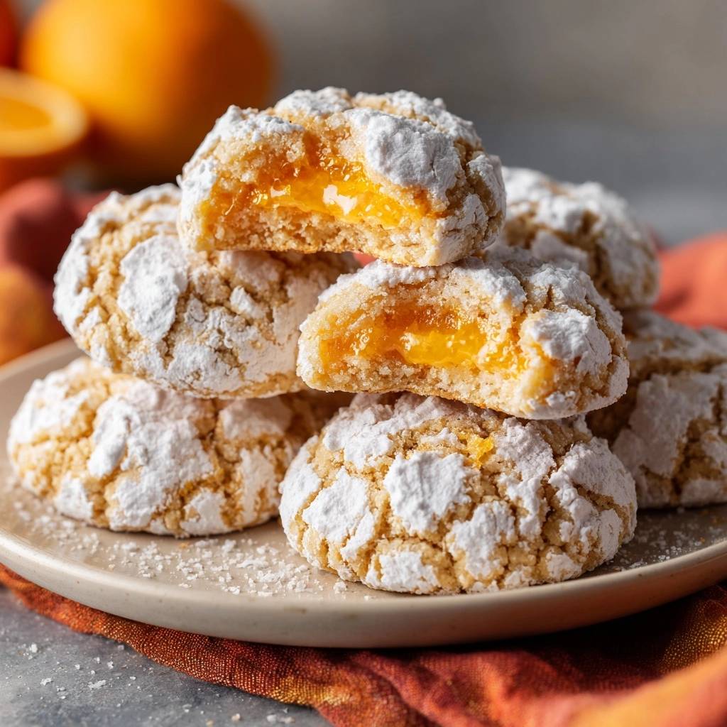 Zitronen Crinkle Cookies Lava Fuellung Querschnitt 1 Zitronen-Crinkle-Cookies mit Lava-Füllung zeigen einen verlockenden Querschnitt. Die saftige Zitronenfüllung fließt aus den frisch gebackenen Keksen.