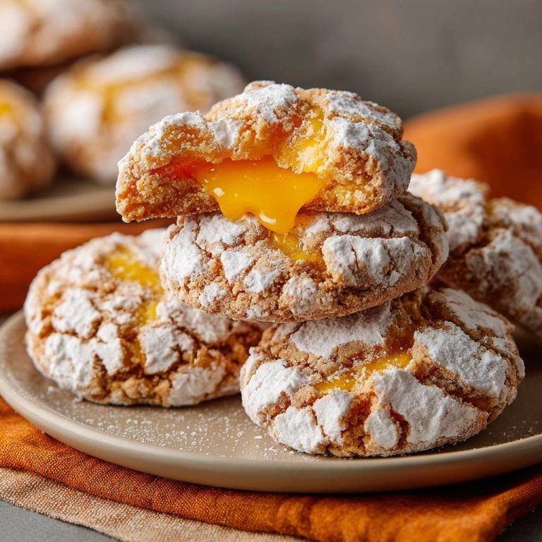 Zitronen-Crinkle-Cookies mit Lava-Füllung angeschnitten, die cremige Zitronenfüllung tropft aus dem Keks.