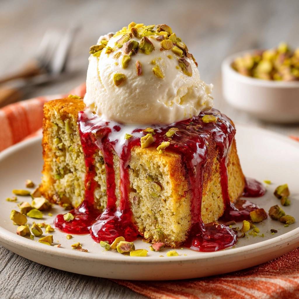 Zucchini-Pistazien-Blech mit Himbeergelee serviert, mit einer Kugel Eis, Himbeersauce und Pistazien-Stückchen garniert. Ein köstliches Dessert.