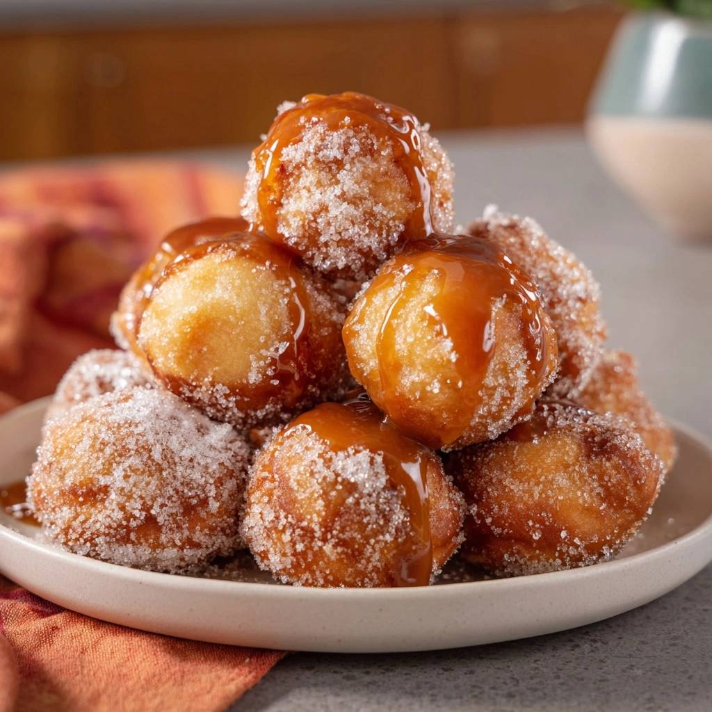 Zuckerknusprige Donut-Bällchen mit Karamellsoße serviert auf einem Teller, bedeckt mit Zucker und reichlich Karamell-Guss.