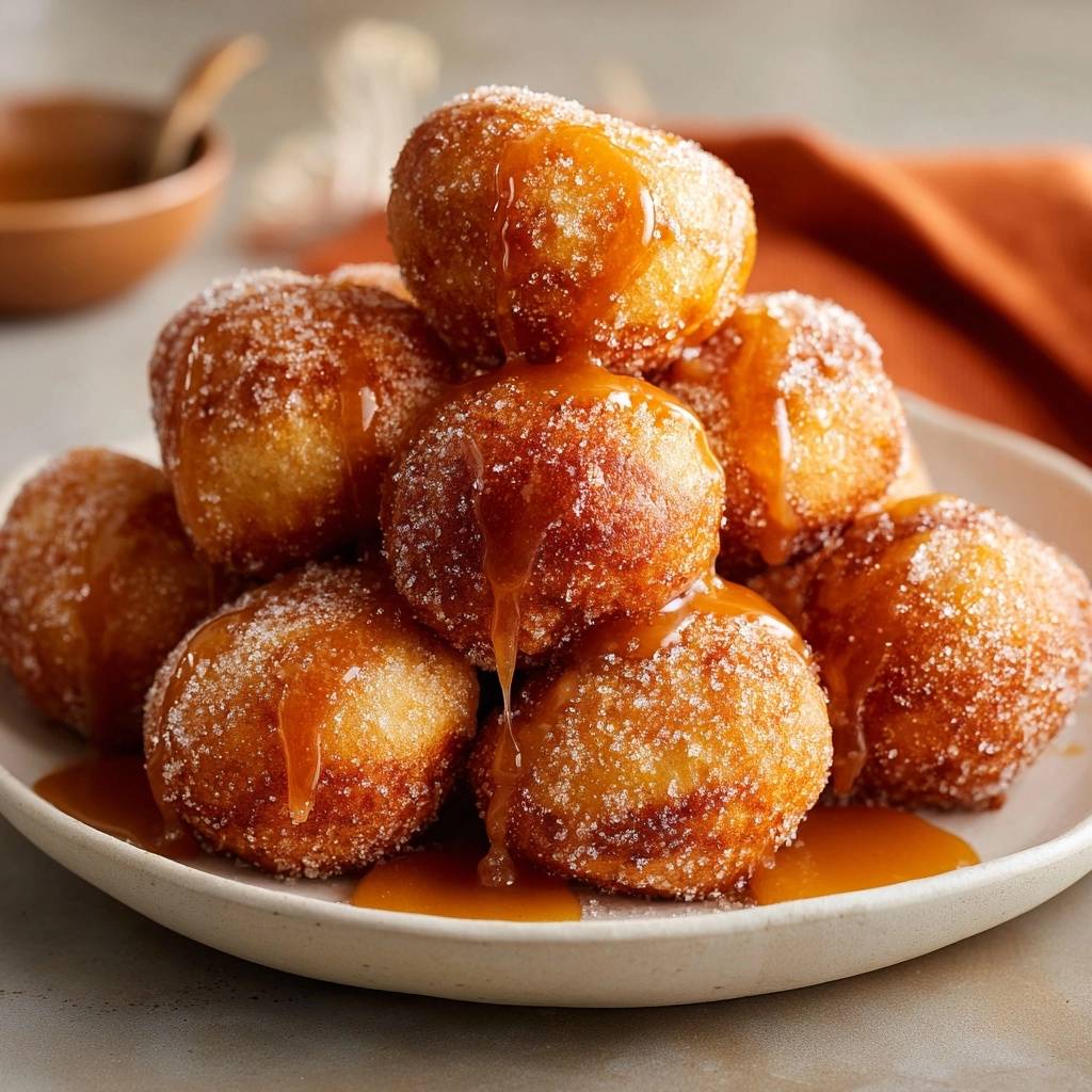 Zuckerknusprige Donut-Bällchen mit Karamellsoße, serviert auf einem Teller, mit reichlich Karamell-Guss, der über die frittierten Teigbällchen fließt.