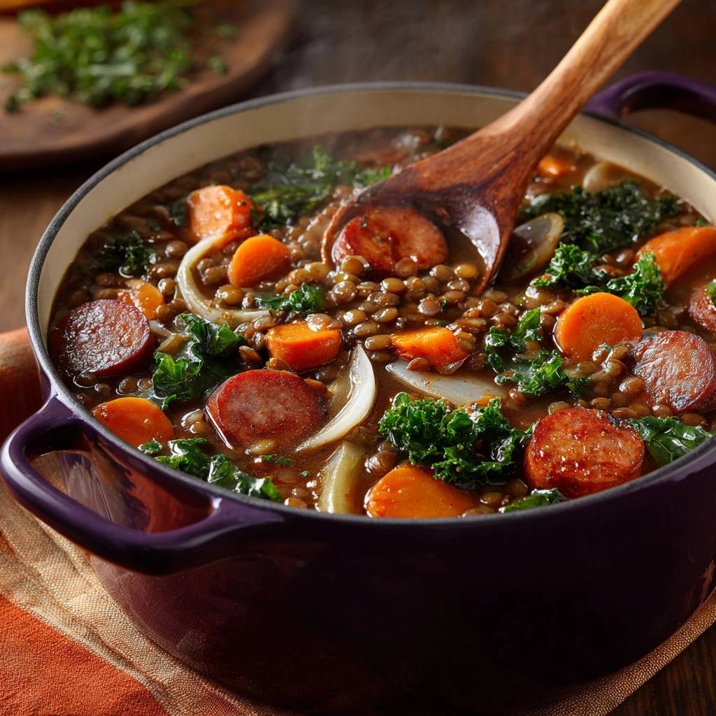 Sämiger Linseneintopf mit Grünkohl, Karotten und Wurst