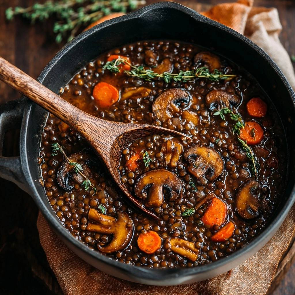 Sämiger Linseneintopf mit Pilzen und Karotten