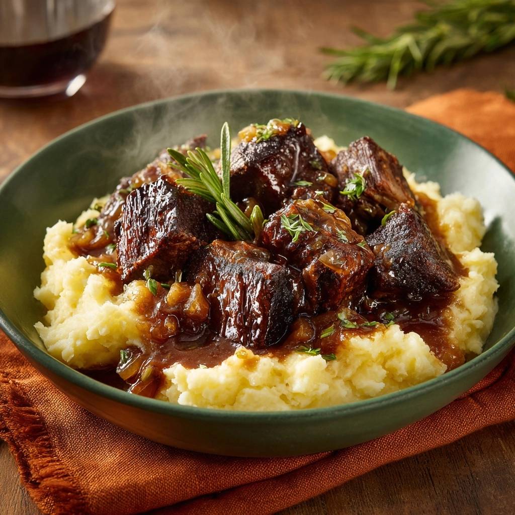 Geschmorte Rindfleischwürfel auf cremigem Kartoffelpüree