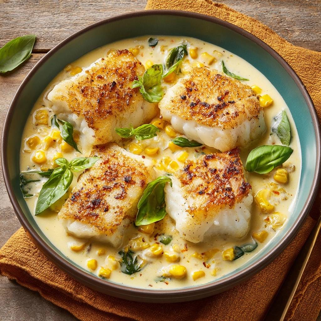 Knuspriger Kabeljau in cremiger Maissoße