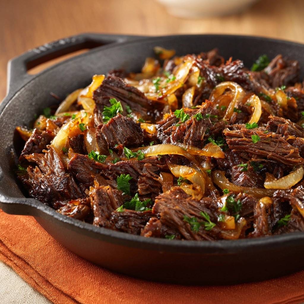 Zartes Rindfleisch mit Karamellzwiebeln