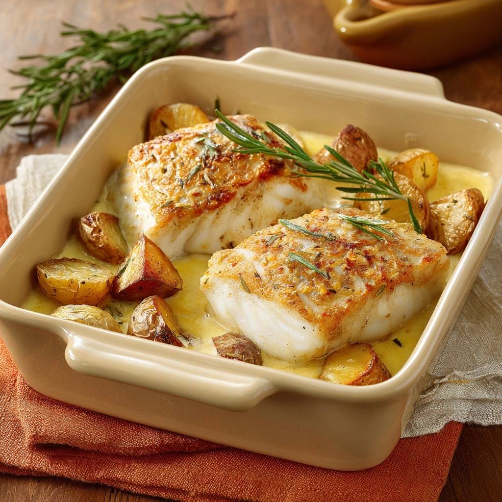 Cremiger Ofen-Kabeljau mit Rosmarinkartoffeln (Nie wieder trockener Fisch!)