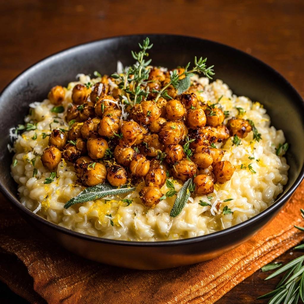 Cremiges Zitronenrisotto mit knusprigen Kichererbsen