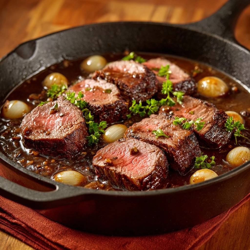 Saftiges Rindfleisch mit Perlzwiebeln und Thymian