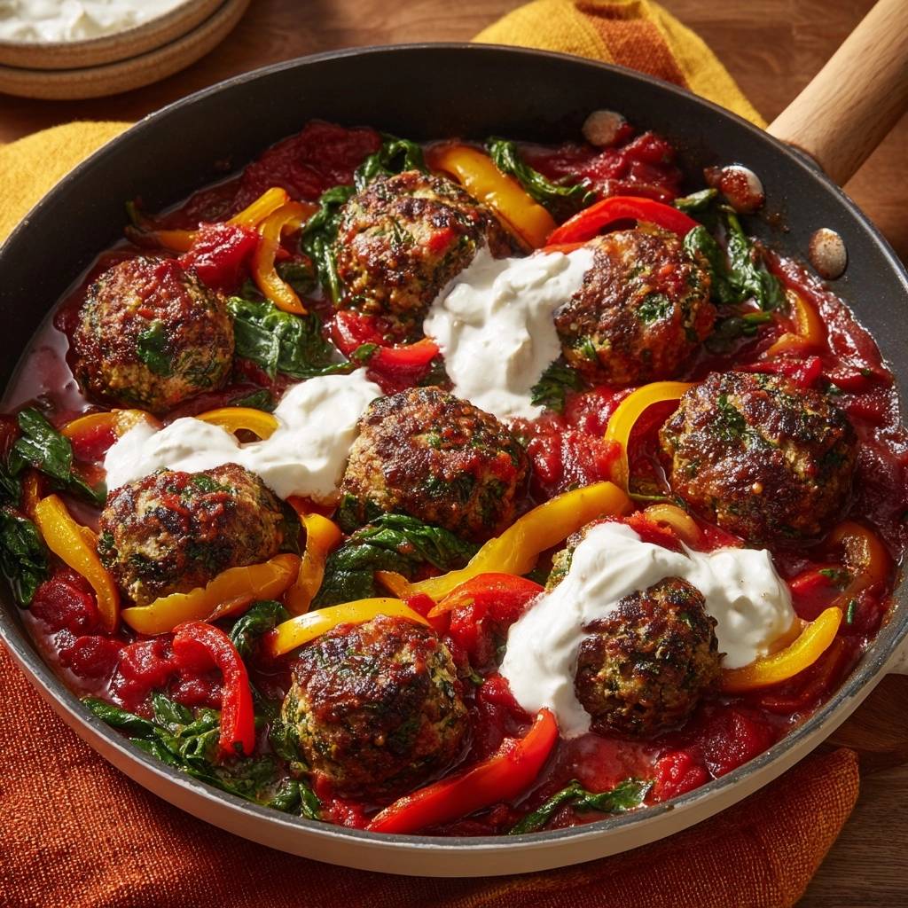 Spinat-Hackbällchen in Paprika-Tomaten-Soße