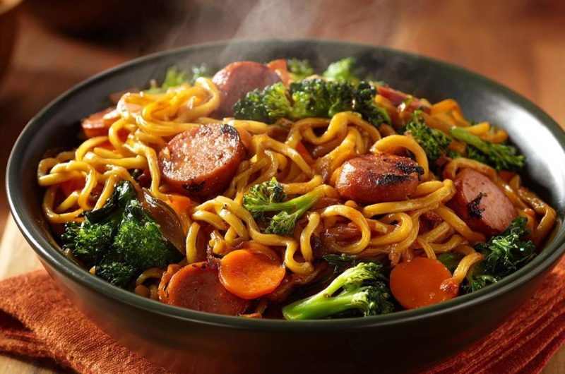 Asiatische Wurst-Nudeln mit Brokkoli & Karotten (Nie wieder matschige Nudeln!)