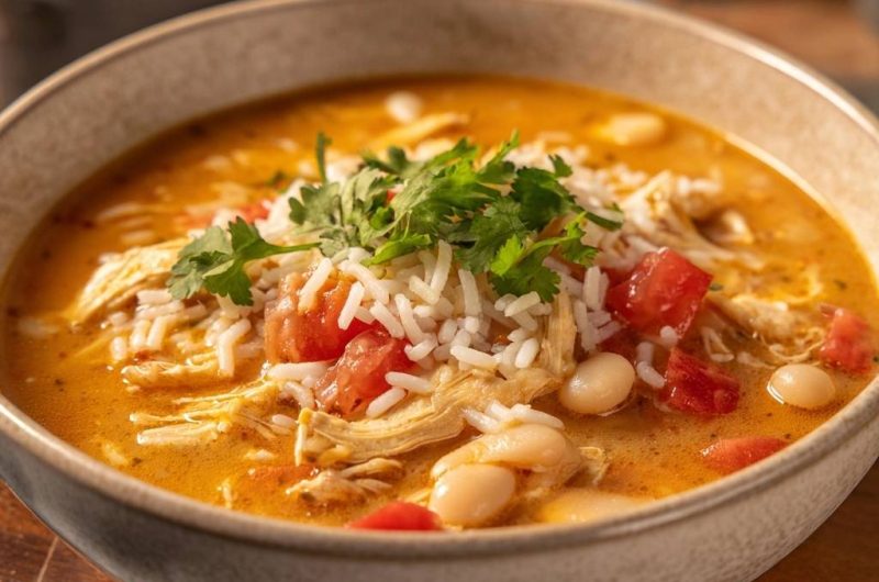 Cremige Hähnchen-Bohnensuppe mit Reis