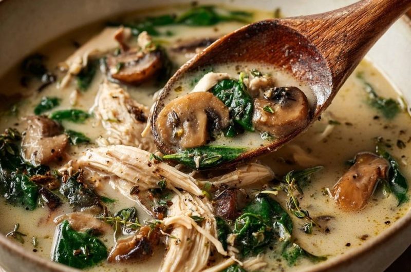 Cremige Hühner-Pilz-Spinat-Suppe (Keine wässrige Suppe mehr!)