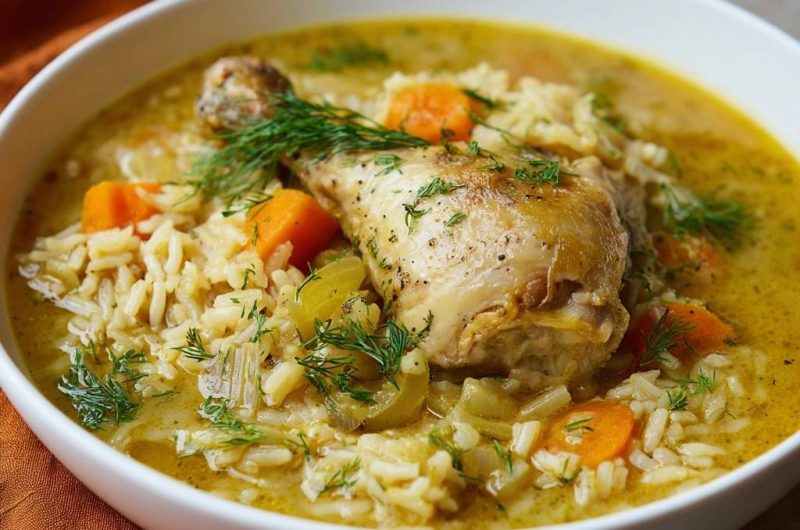 Cremige Hühnersuppe mit Reis und Dill (Nie wieder matschiger Reis!)