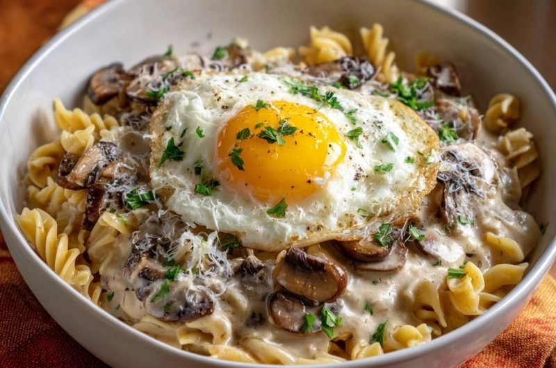 Cremige Pilz-Fusilli mit Spiegelei (Keine wässrige Soße mehr)