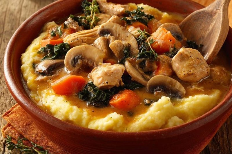 Cremiger Hähnchen-Pilz-Eintopf auf Kartoffelpüree