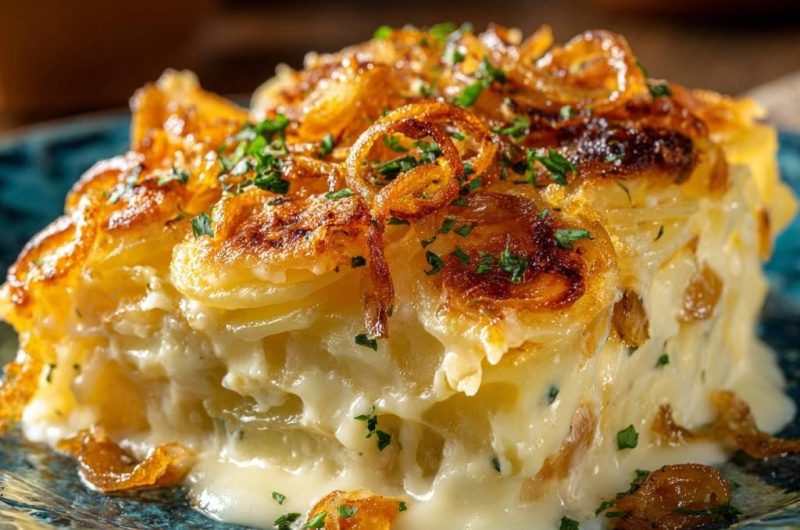 Cremiger Kartoffelauflauf mit knusprigen Zwiebeln