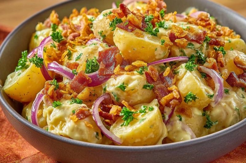 Cremiger Kartoffelsalat mit knusprigem Speck (Keine wässrige Soße mehr)