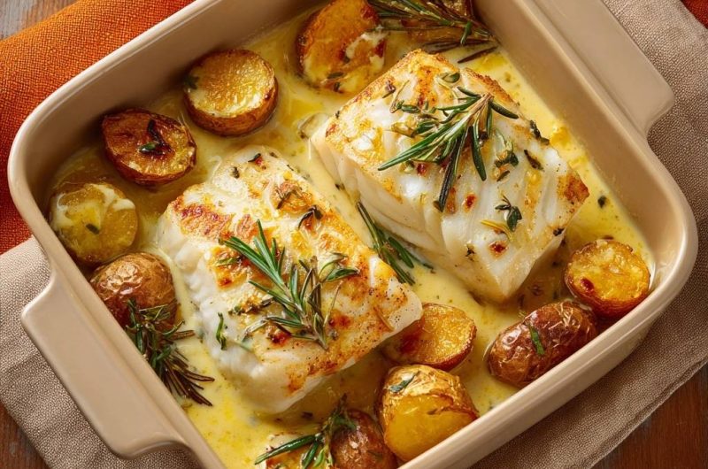 Cremiger Ofen-Kabeljau mit Rosmarinkartoffeln (Nie wieder trockener Fisch!)