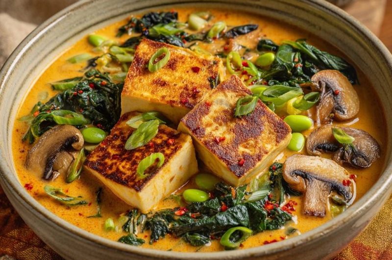 Cremiger Tofu-Curry mit Edamame & Spinat