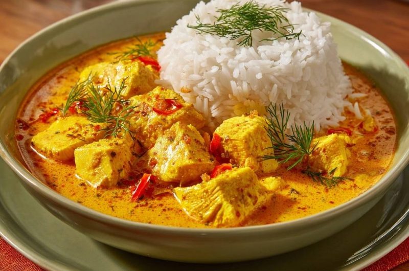 Cremiges Gelb-Fisch-Curry mit Dillreis