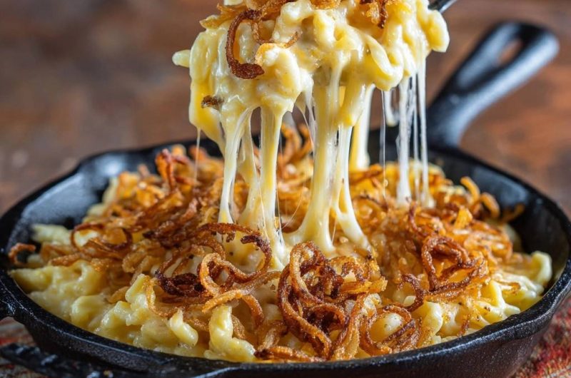 Cremiges Mac and Cheese mit knusprigen Zwiebeln